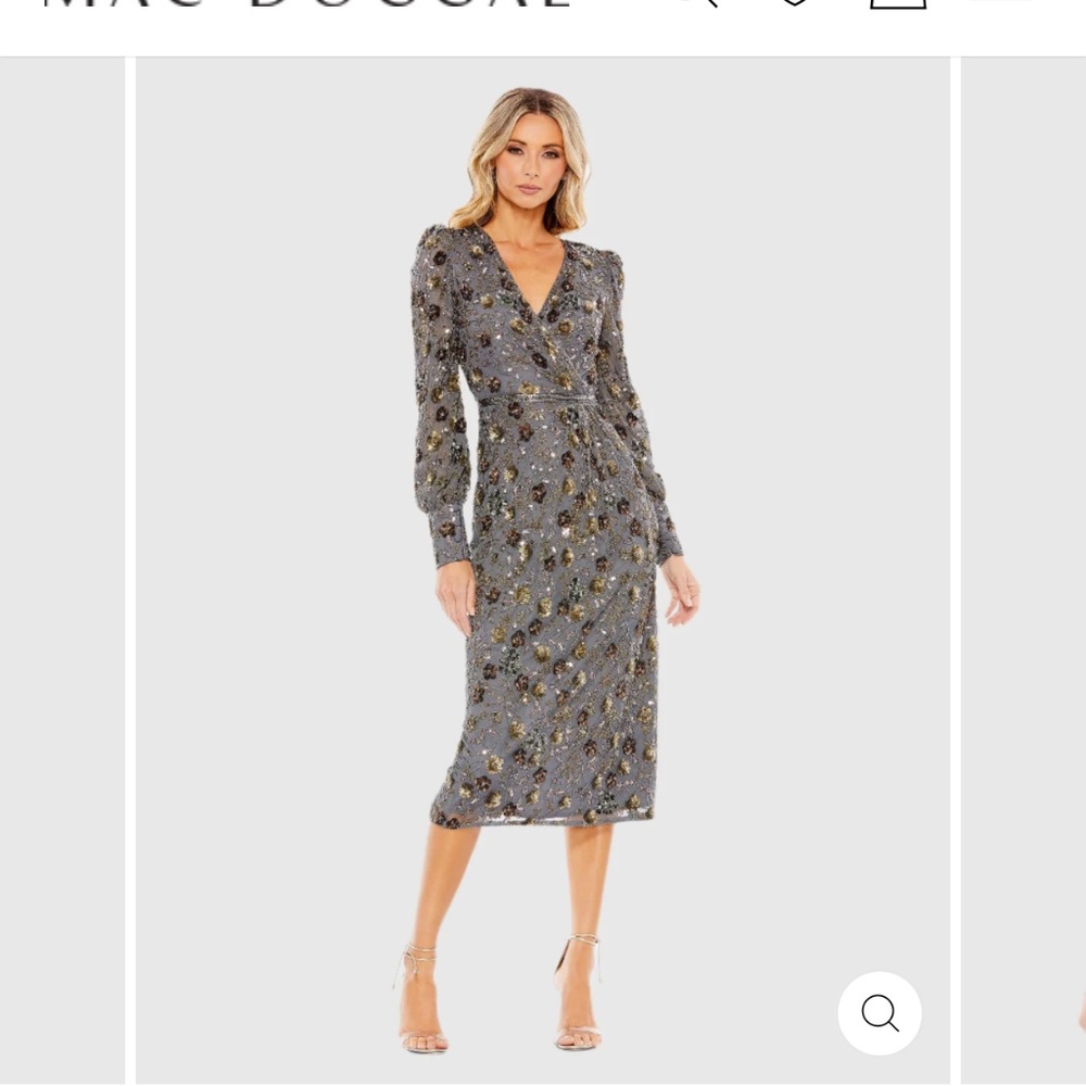 Mac Duggal cocktail holiday dress, long sleeve, midi length